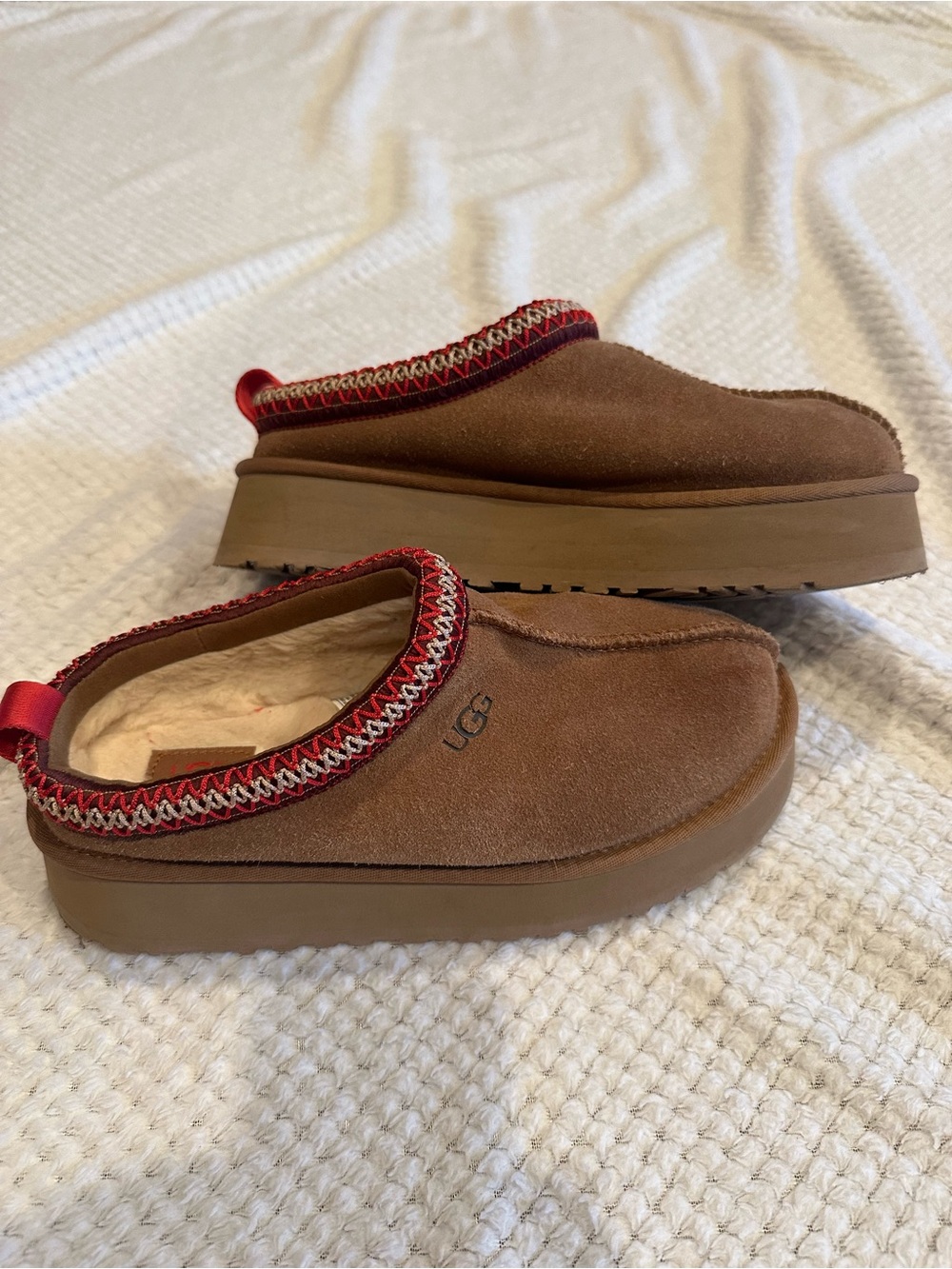 UGG Brown Suede Clog Mules with Red Trim